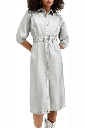 AllSaints Osa Denim Dress Metallic Silver