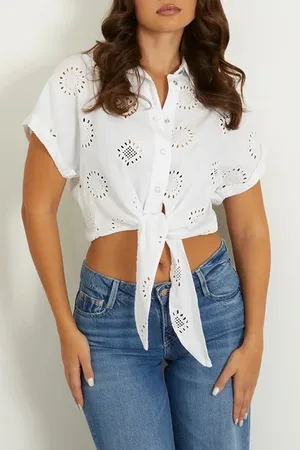 Guess GUESS Ss Brigitte Satin Embro Shirt Pure White Multi