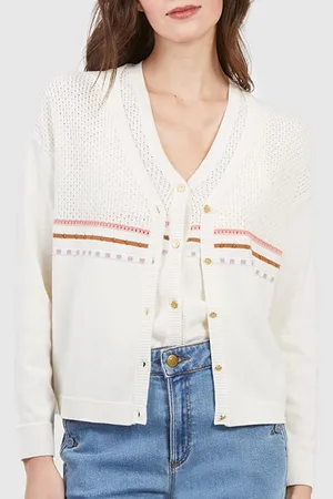 ICODE Ecru Knit Fine-stripe Cardigan
