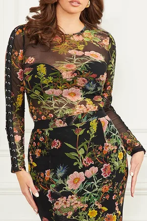 Guess GUESS Lewis Mesh Top Black Beauty Blouse Print
