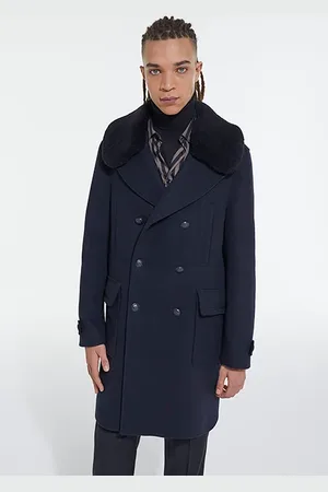 The Kooples Manteau Long Croisee Col Detachable Fourrure Dark Navy
