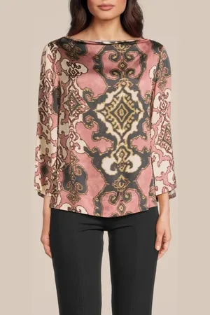 Summum Woman Top Flare Sleeves Ornament Print Antique Pink