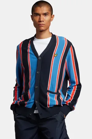 Lyle & Scott Vertical Stripe Cardigan Flyer Red/ Spring Blue