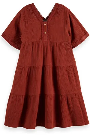 Scotch&Soda Lace Detail Crinkle Cotton Midi Dress Terracotta