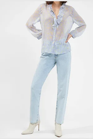 French Connection Eso Bonita Ruffle Front Ls Shirt Cloud Blue/butter Yellow