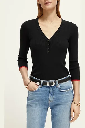 Scotch&Soda Button Detail Skinny Rib Pullover Black