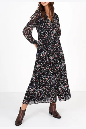 ICODE Black Indian Flower Print Long Dress