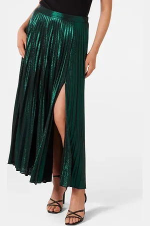 Forever New Rylee Metallic Pleated Skirt Green