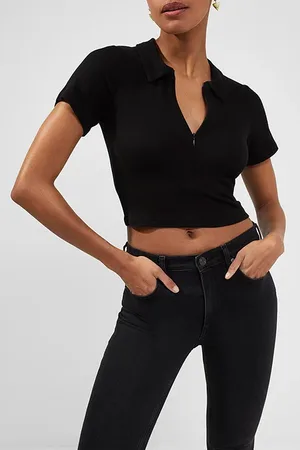 French Connection Paze Ribbed Jersey Top Black