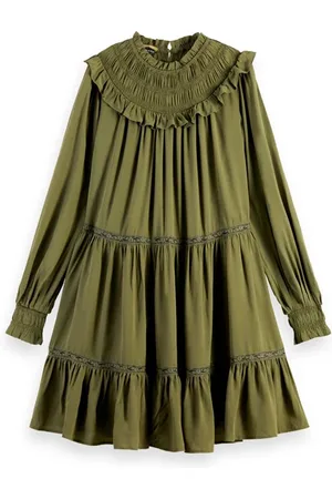 Scotch&Soda Smocked And Tiered Long Sleeved Dress Dark Olive