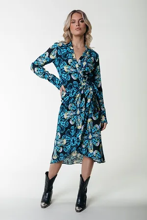 Colourful rebel Lea Digital Flower Wrap Midi Dress Ls Light Blue