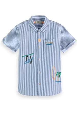 Scotch&Soda Placed Embroideries Seersucker Short-sleeved Shirt Blue/ Whi