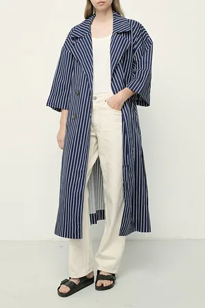 American Vintage Oversized Belted Long Trench Rayures Navy