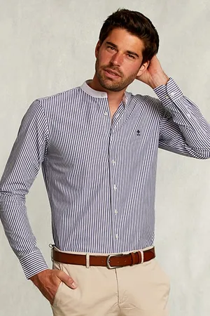 River Woods Slim Fit Striped Shirt Henley Collar Blue/white Blue
