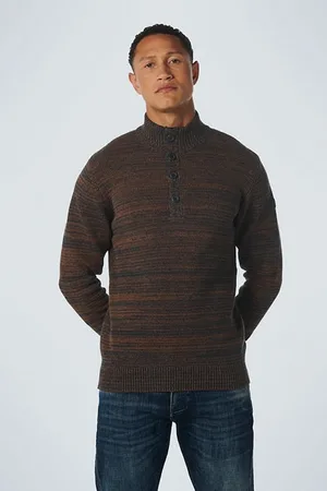No Excess Pullover Half Zipper + Button Multi Coloured Jacquard Carame