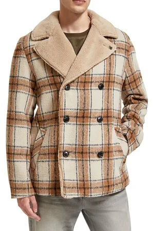 Scotch&Soda Wool Blend Teddy Lined Peacoat Offwhite Camel Check
