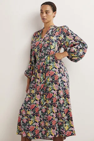 Boden Notch Neck Blouson Midi Dress Mul