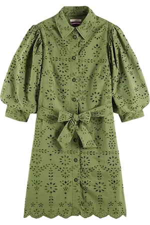 Scotch&Soda Puff Sleeve Embroidered Organic Cotton Shirt Dress Olive Gre