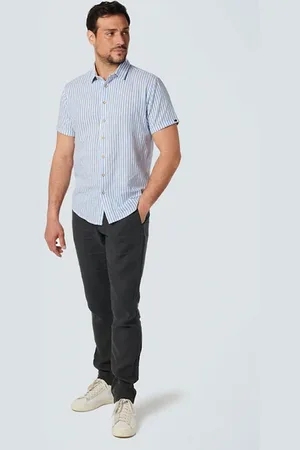 No Excess Shirt Short Sleeve 2 Colour Stripe With Linen Washed Blue