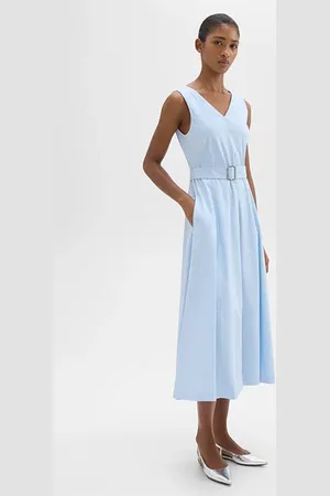 THEORY V-neck Volume Dress In Good Linen Skylight