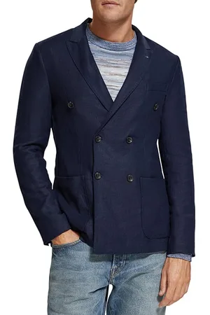 Scotch&Soda Linen Blend Herringbone Double Breasted Blazer Navy Blue