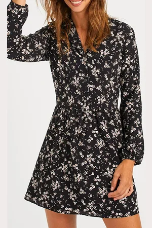 ICODE Black Winter Floral Print Shirt Dress