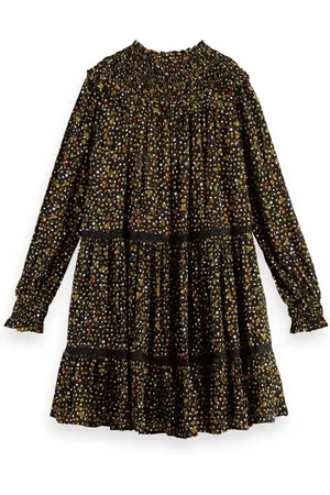 Scotch&Soda Smocked And Tiered Long Sleeved Dress Space Floral Cinnamon
