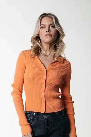 Colourful rebel Nori Fine Knit Cropped Longsleeve Polo Tangerine