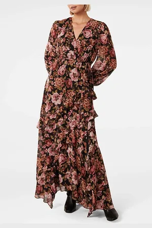 Forever New Maria Ruffle Midi Dress Black Delphi Floral