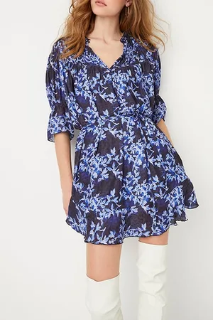 French Connection Dionne Gathered Nk Dress Sea Blue/winter Wht