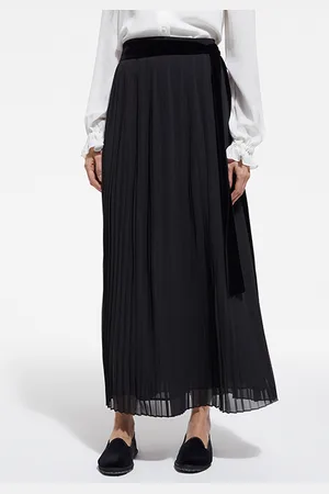The Kooples Long Pleated Velvet Belt Skirt Black