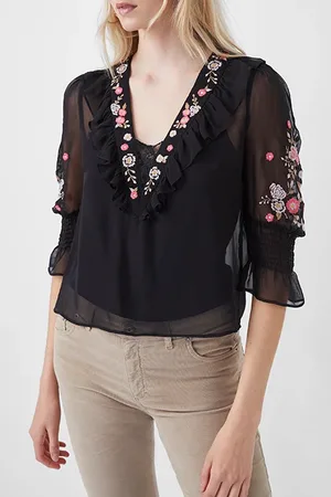 French Connection Eve Embroidered Top Black