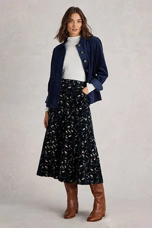 White Stuff Quinn Organic Cord Skirt Black Print