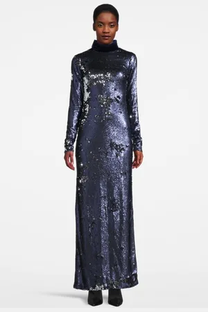 Marcell Von Berlin Women‘s Maxi Sequin Dress With High Collar Navy, Silver