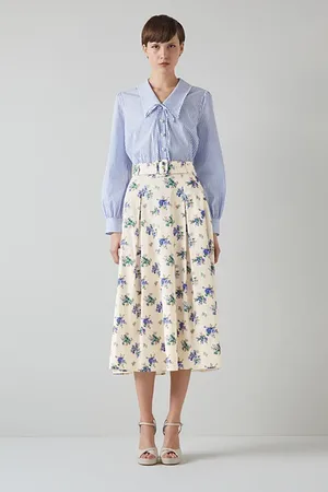 LK Bennett Elodie Belted Midi Skirt Cream