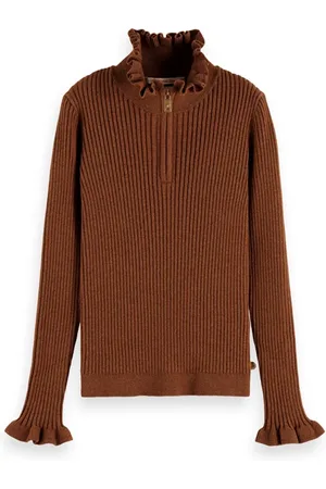 Scotch&Soda Girls Half-zip High-neck Fitted Rib Pullover Earth