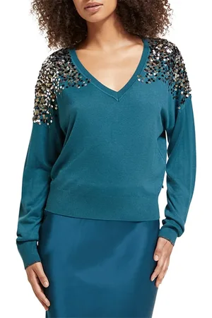 Scotch&Soda Embellished Shoulder V Neck Pullover Dark Teal