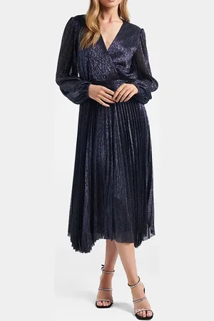 Forever New Sahara Wrap Plisse Midi Dress Navy