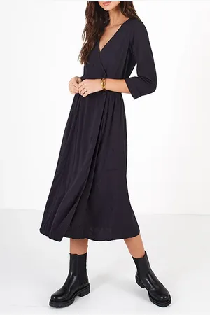 ICODE Washed Black Embroidered Long Wrap Dress