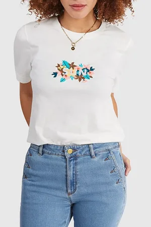 ICODE Off-white T-shirt With Embroidered Flower Slogan