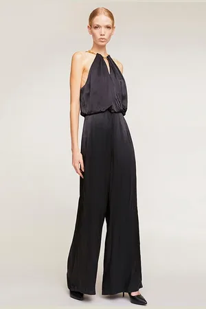 Motivi Long Satin Jumpsuit With Necklace Motif Black