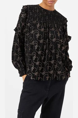 French Connection Stellar Foil Ls Rnd Neck Top Black
