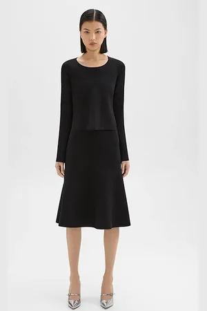 THEORY Layered Trumpet Dress In Crepe Knit Black