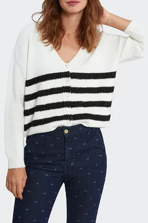 ICODE White Knit Cardigan With Black Stripes
