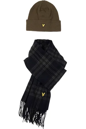 Lyle & Scott Checked Lambswool Scarf And Beanie Set Olive/ Mountain Moss