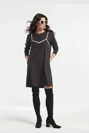 OKY Light Ponte Di Roma Knit Intarsia Babua Dress Blacksand