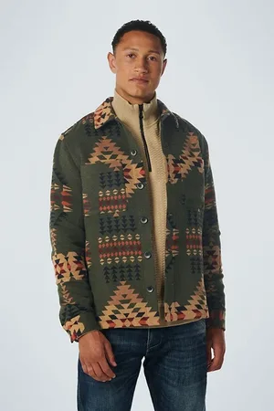 No Excess Overshirt Button Closure Pattern Dark Green