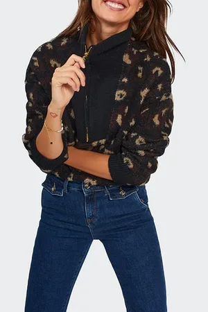 ICODE Black Leopard Knit Zip-neck Sweater