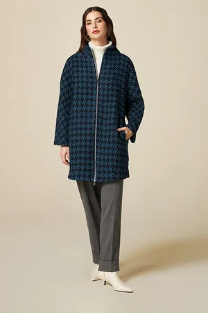 Oltre Wool Blend Houndstooth Coat Blue
