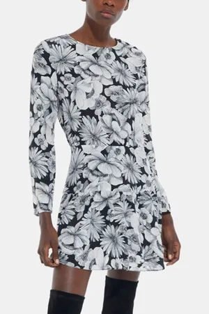 The Kooples Robe Courte Manches Longues Romantic Garden Black White